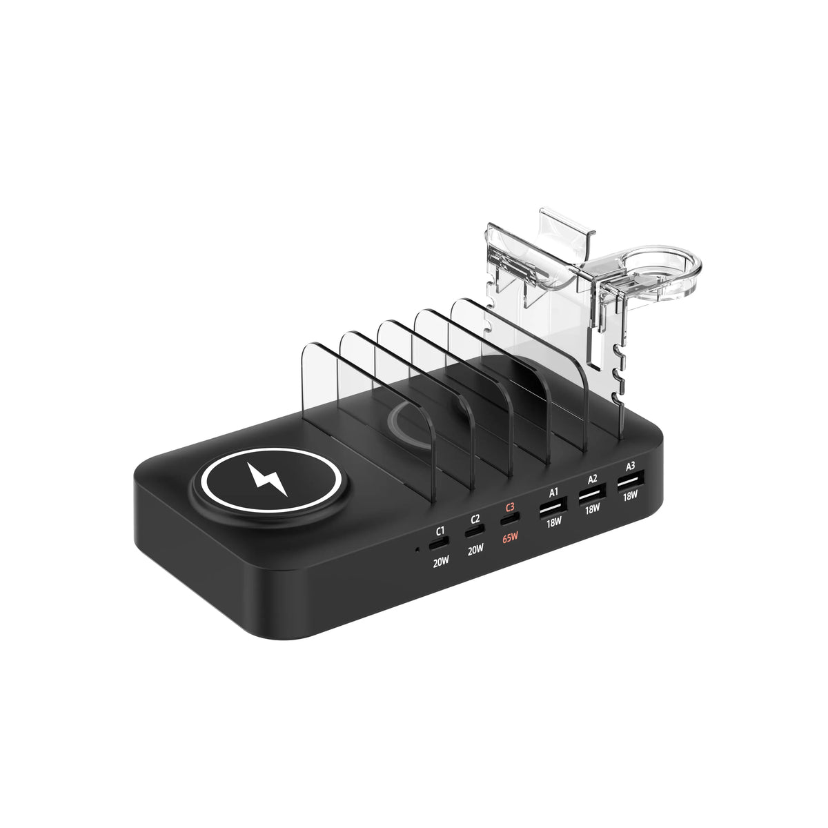 Wireless Charger Stand, Desktop Charging Station with 5 USB + 3 Type-C Ports, Multi-Device Charger Organizer for Phones Tablets