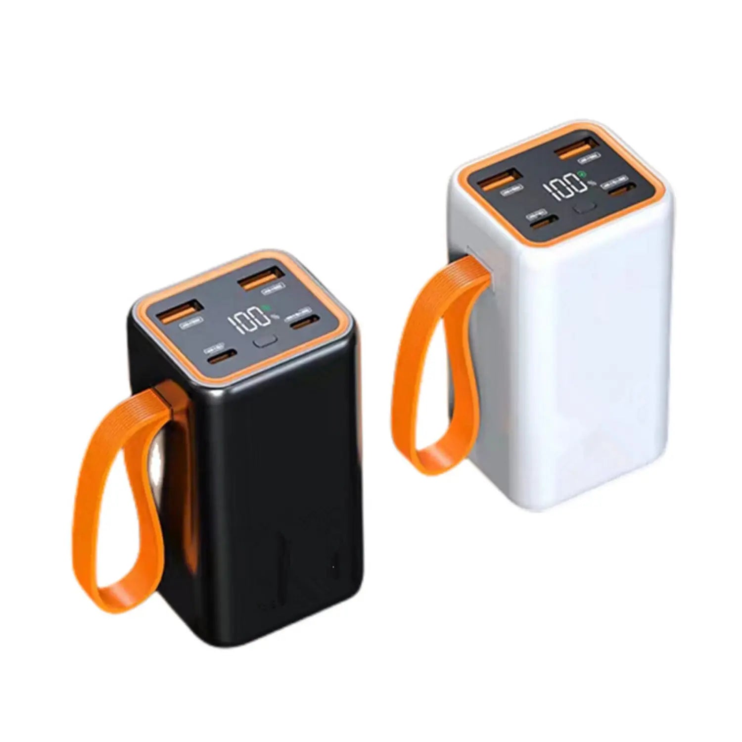 black and white power bank case with orange accents featuring multiple usb ports and a digital lcd display showing 100 percent for 4x 21700 batteries