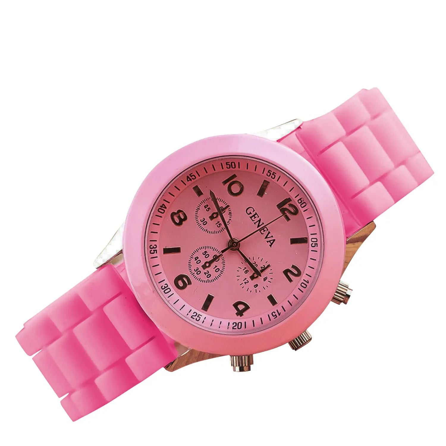 Women silicone quartz watch fashion chronograph with a pink silicone strap, matching pink case, and black numerals.