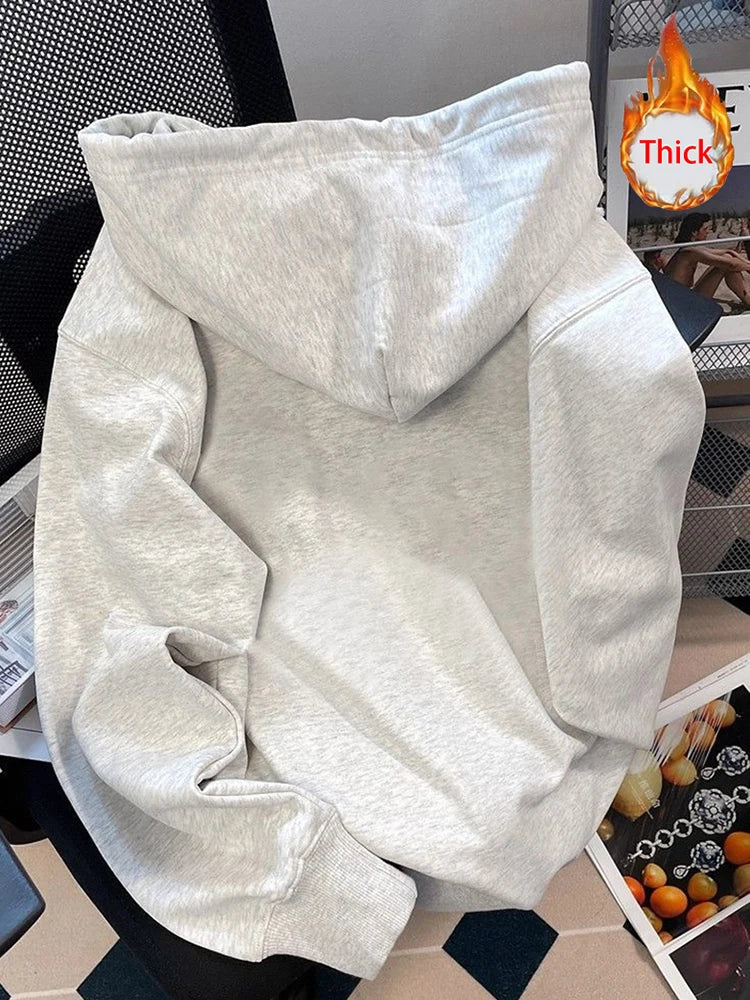 Women Thick Cute Hoodies Winter Loose Long Sleeve Letter Print Pockets Warm Sweatshirts Vintage Preppy Style Kawaii Outwear Tops