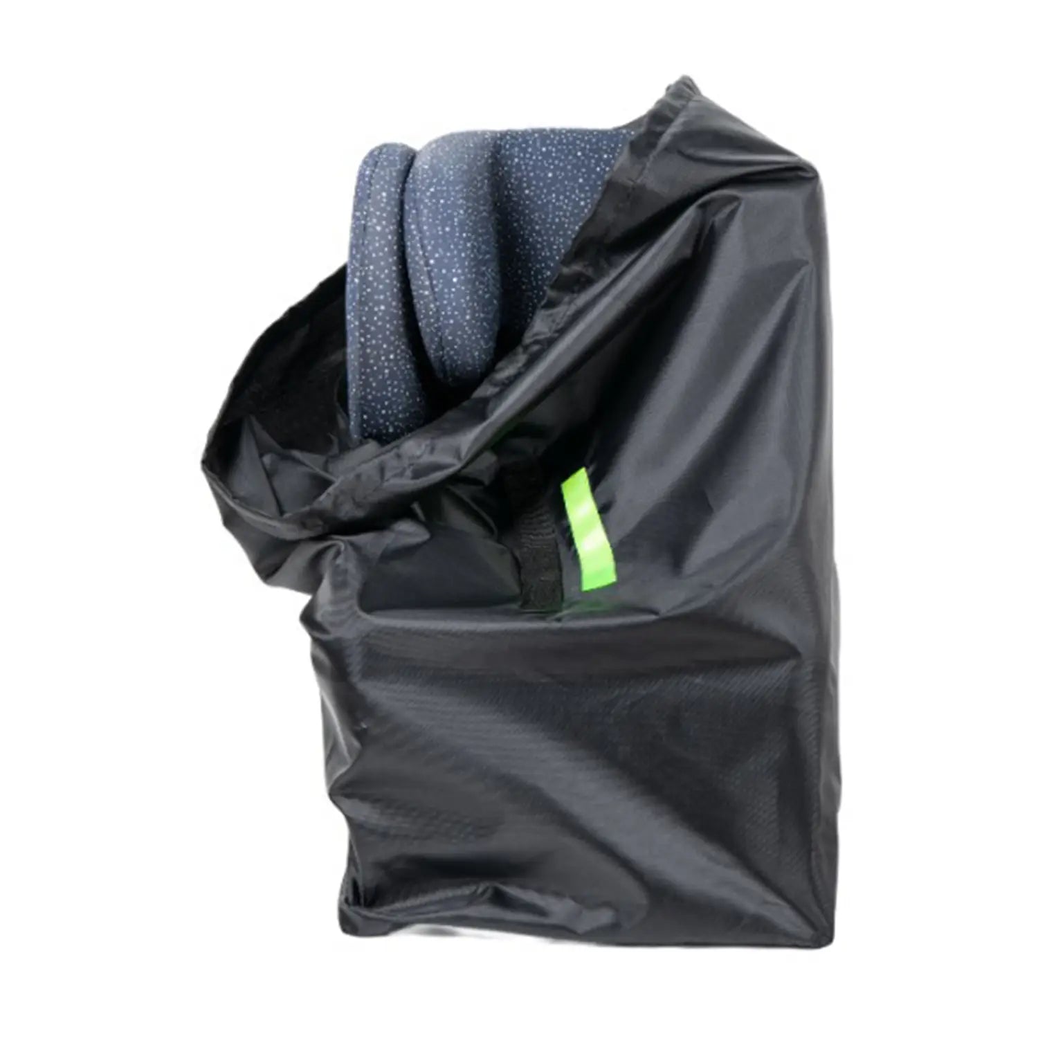 Schwarze Nylon-Kindersitz-Reise-Tasche mit wasserdichtem Aufbewahrungsträger und grellgrünem Zipper-Anhänger, die einen Gegenstand aus dunkelblau gemustertem Stoff enthält.