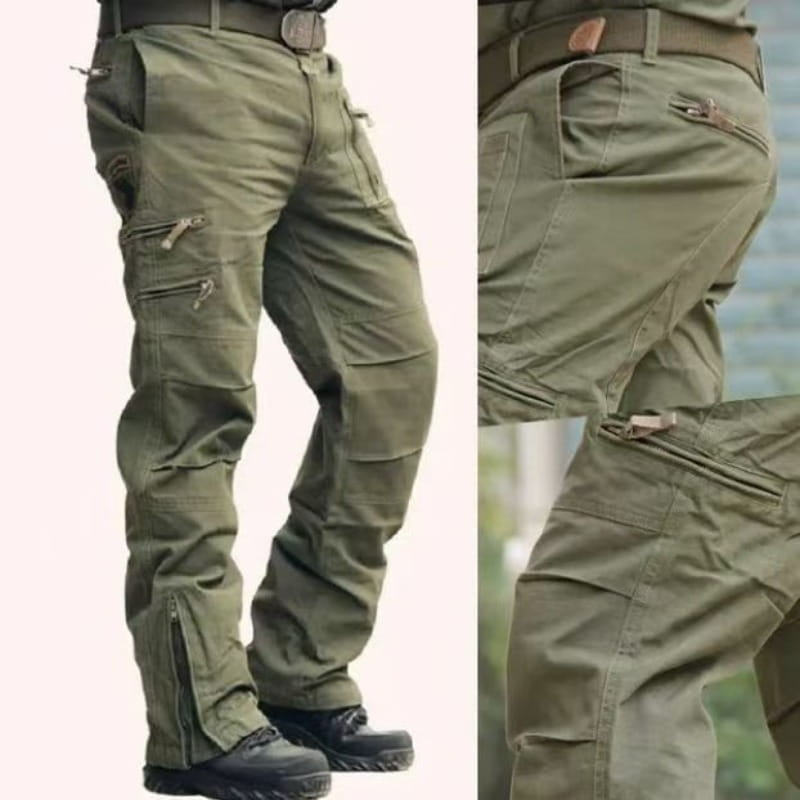 Herren-Tactical-Cargo-Hosen aus Olivgrüner Baumwolle mit mehreren Reißverschluss-Taschen und verstärkter Steppnaht, ausgelegt für Langlebigkeit und Funktionalität.