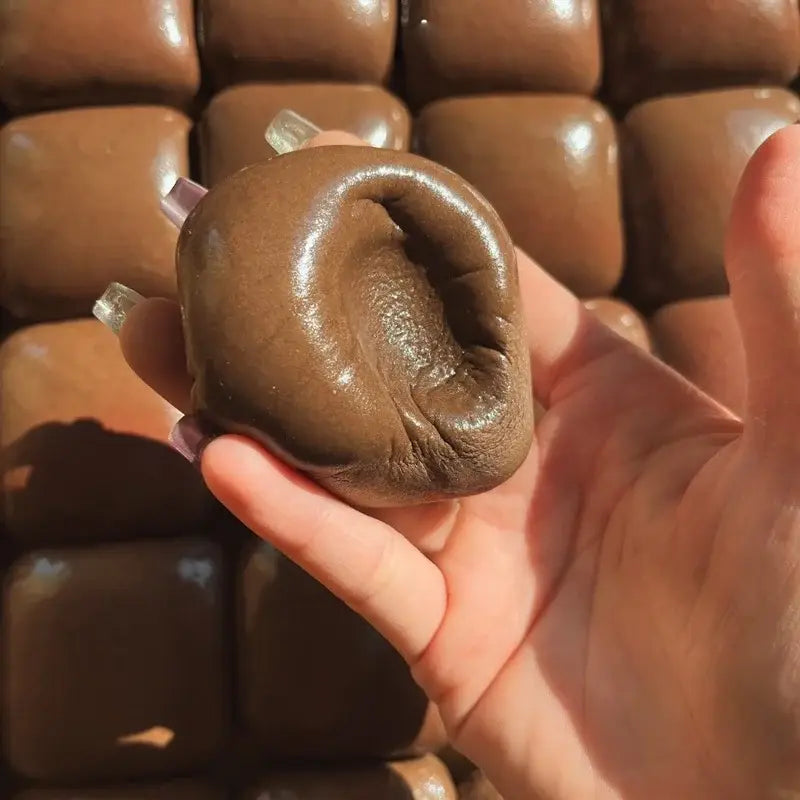 A glossy dark brown chocolate-covered mini toast slow rising squishy toy held in a hand.