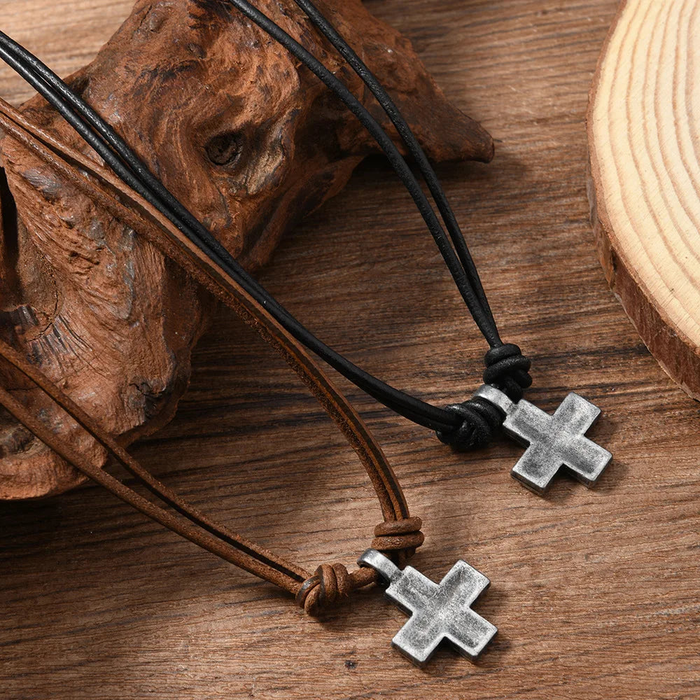 1 Piece Women and Men Retro Woven Cross Pendant Necklace Rope Leather Necklace for Women