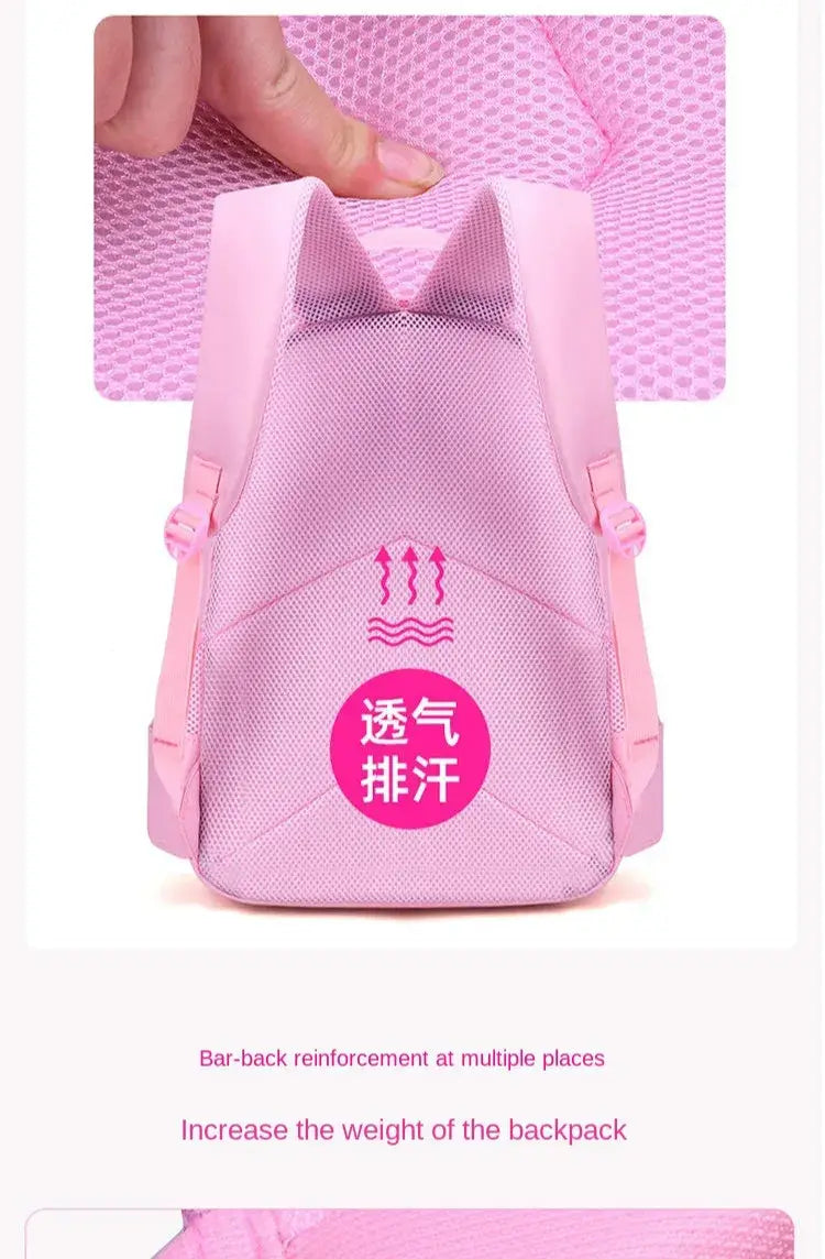 Rosa Katzen-Schulrucksack-Set für Mädchen mit der Rückseite eines rosa Mesh-Rucksacks mit verstellbaren Schultergurten und verstärkter Rücken-Tragekonstruktion.