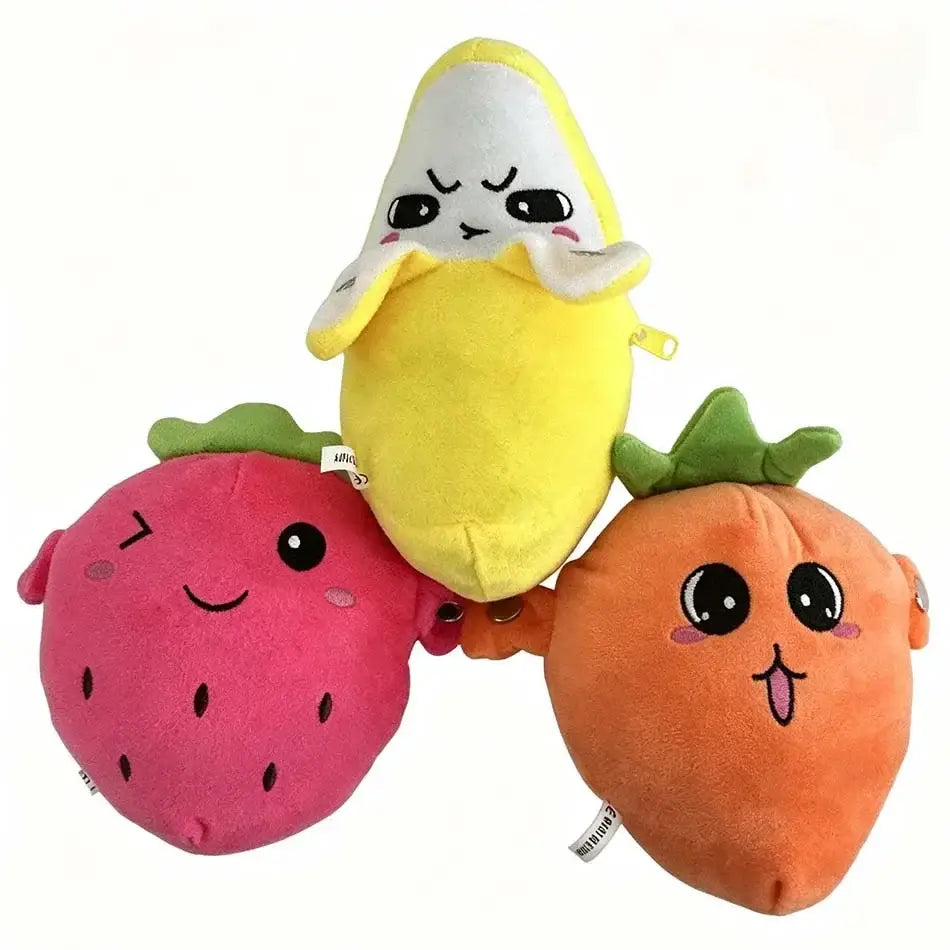 a plush fruit coin purse stuffed animal toy shaped like a banana with a yellow body white peel and cute embroidered facial features