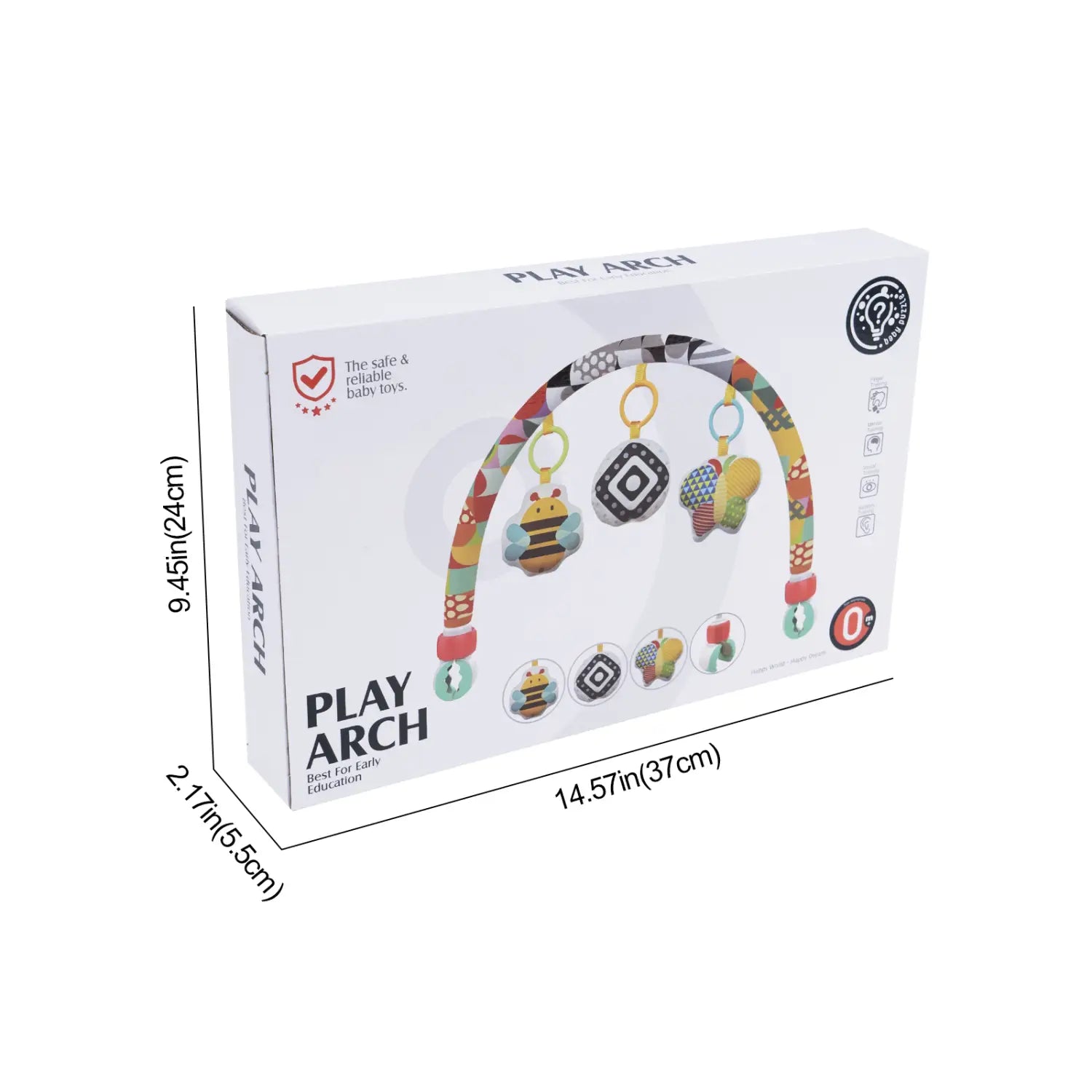 buntes gemustertes Fahrwagenbogen-Spielzeug mit hängenden Insekten und geometrisch geformten Mobile-Elementen für ein sensorisches Aktivitätszentrum, ausgelegt für Babys.