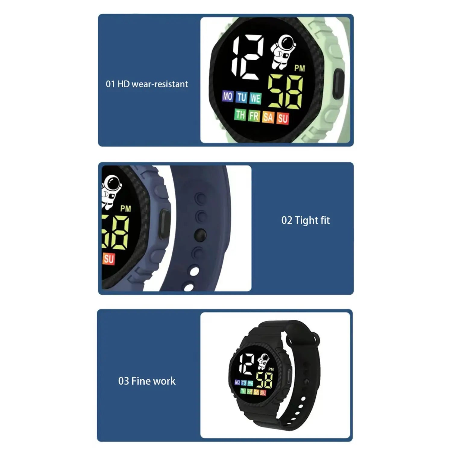 A kids waterproof led digital astronaut watch with a round face displaying time and day in bright green digits featuring an astronaut icon on the screen.