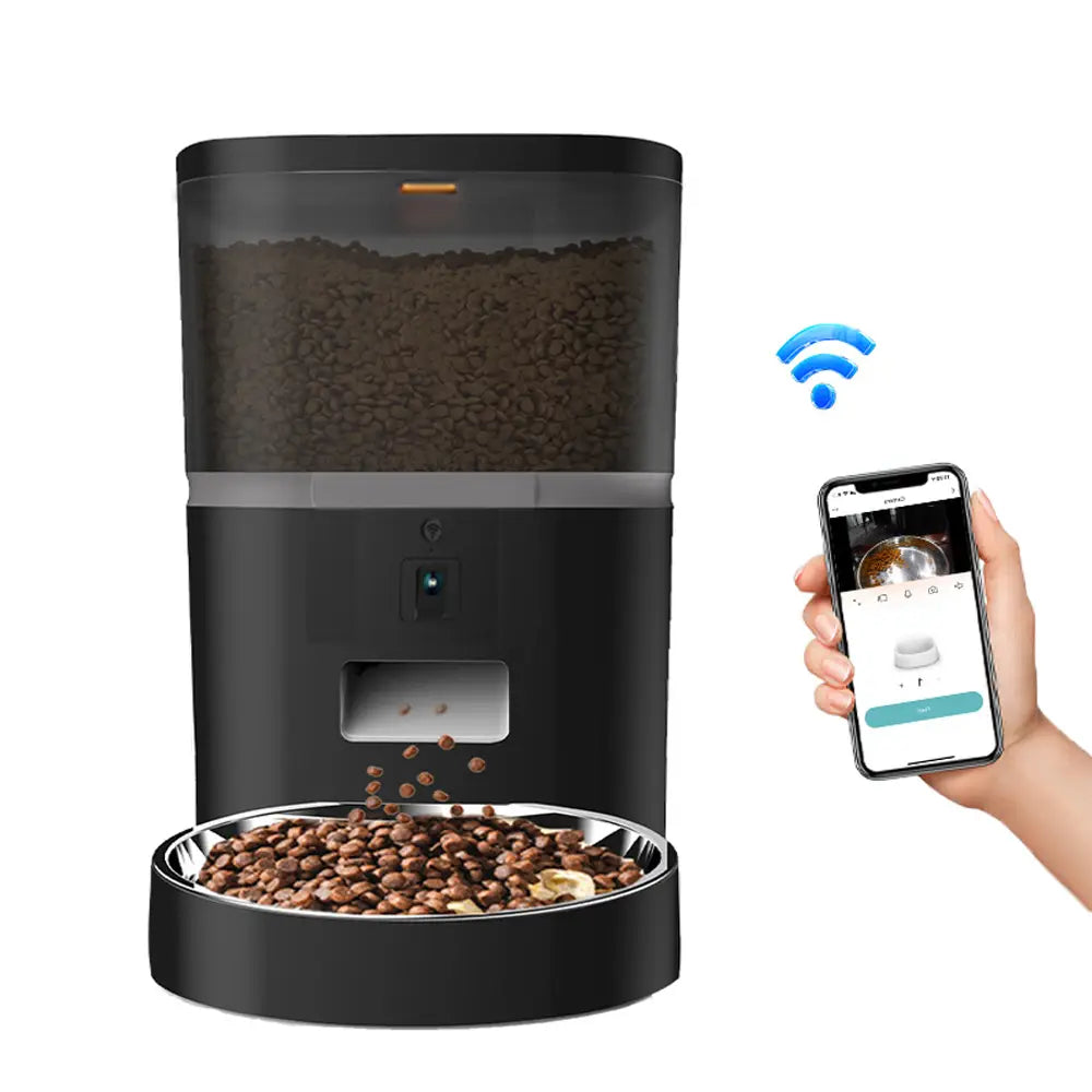 Black smart dual pet feeder with transparent top compartment filled with kibble dispensing food into a stainless steel bowl below featuring hd camera and app control for meal video and product description.