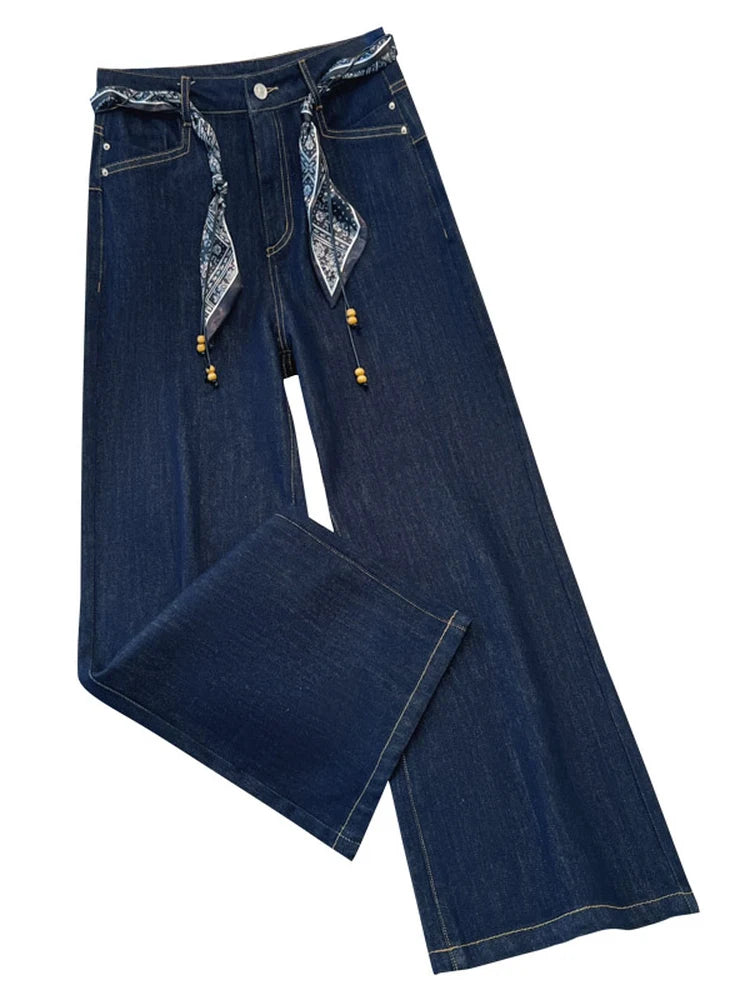 High-End Denim Blue Women's Jeans Straight Leg Wide Leg Pants with Silk Scarf Belt Retro Design Autumn New Style Casual Cotton