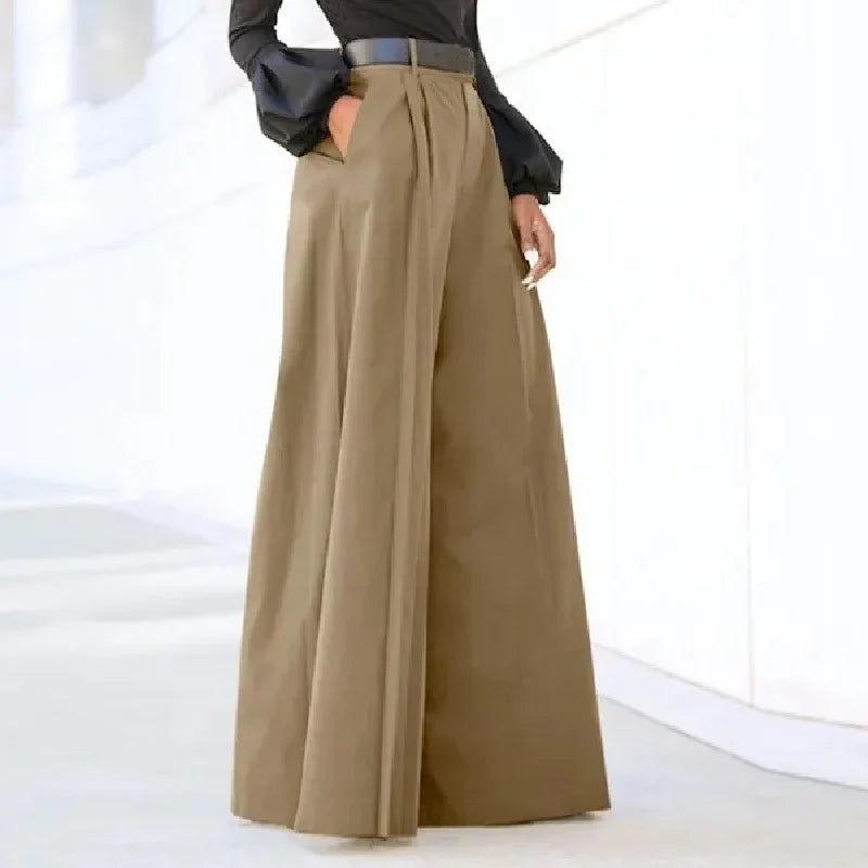 wide leg pants for women in structured khaki fabric with a high waist, pleated front, and belt loops for a casual look