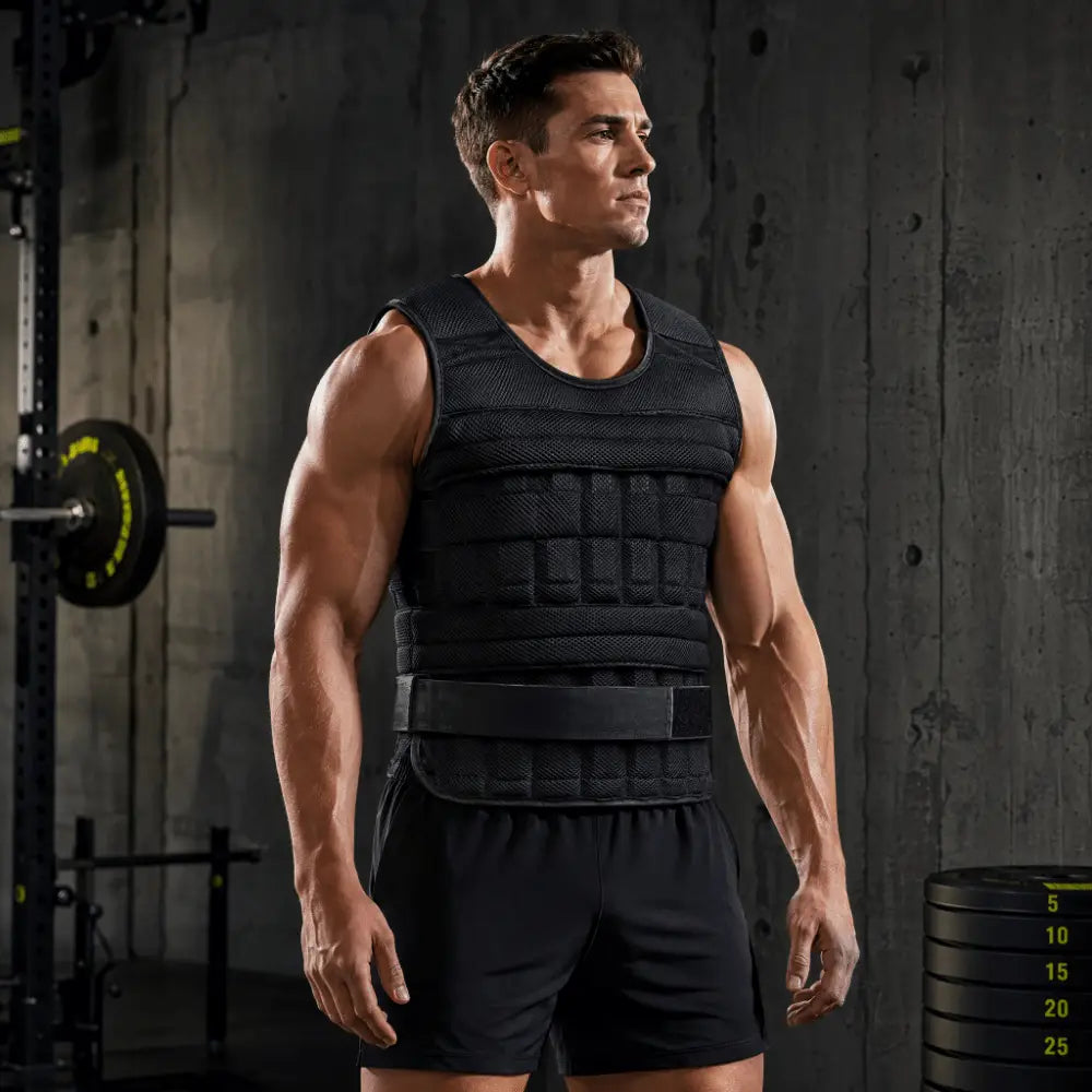 Black adjustable weight vest with sandwich mesh texture and weight blocks designed for fitness training and gym workouts with an adjustable belt.