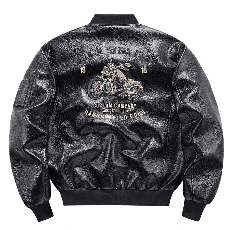 Men's Emboridery Motorcycle Leather Jacket Autumn American Motorbiker Coat Men Baseball Collar Pilot Casual PU Leather Jackets