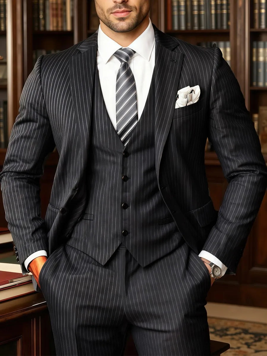 Elegant Men's Suits Luxury Stylish Black Pinstriped 3 Piece Suit for Men Wedding Business Event (Jacket+Vest+Pants)