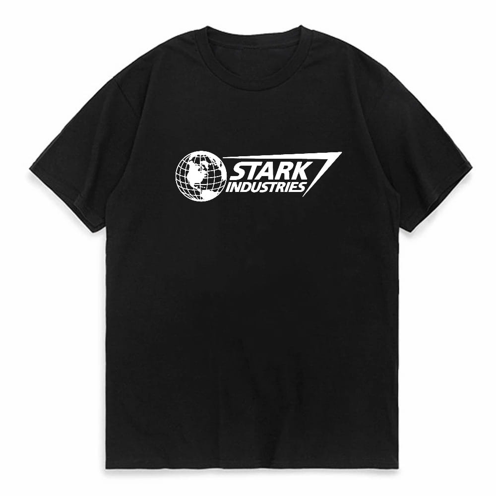 Black short-sleeved oversized cotton t-shirt featuring a white Stark Industries logo with a globe graphic.