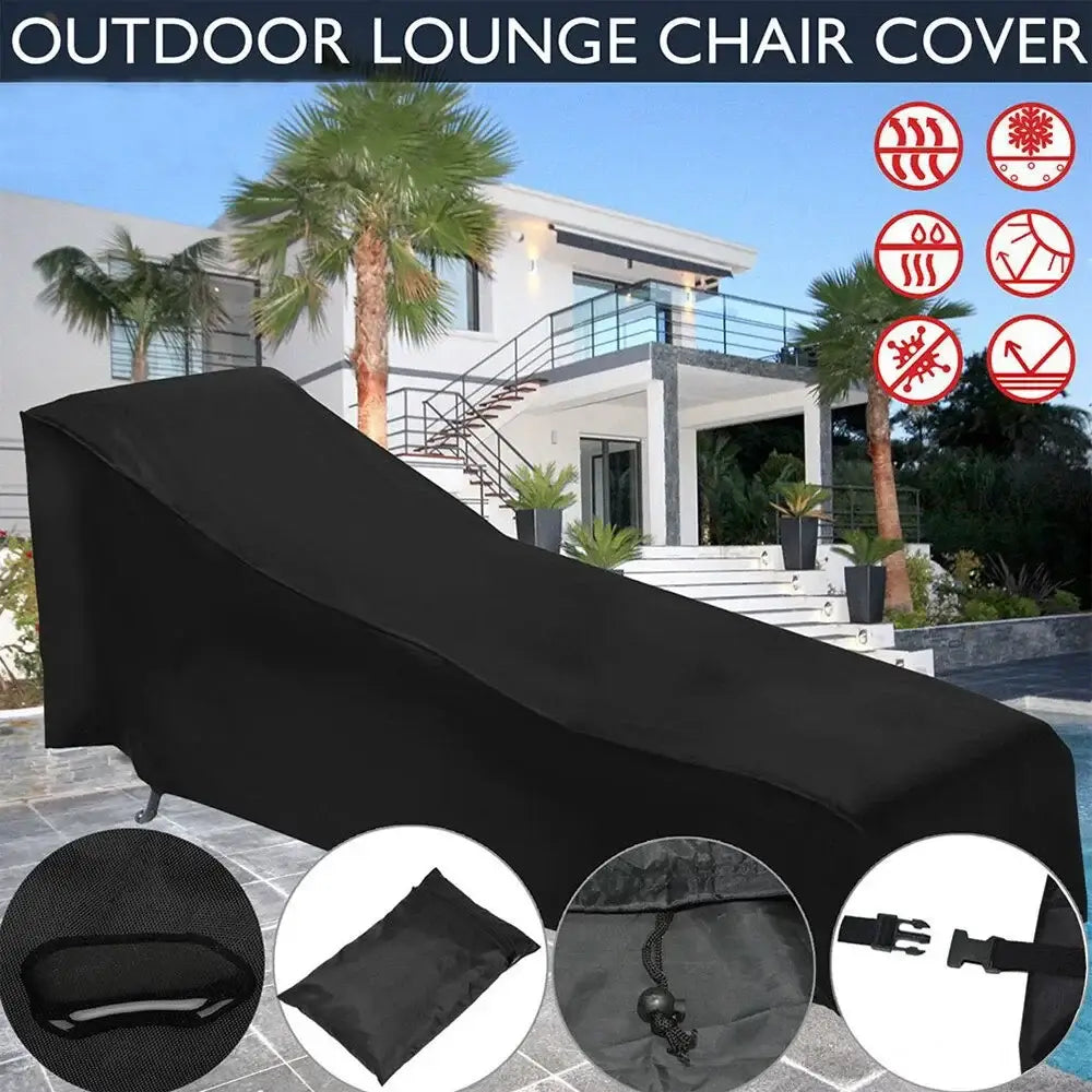 Funda para chaise longue de exterior color negro fabricada con material impermeable y resistente a los rayos UV, diseñada para proteger los muebles de las inclemencias del tiempo.