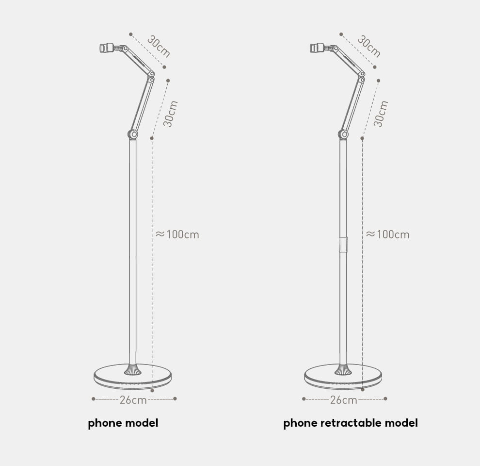 adjustable height floor lamp with articulated arm and circular base in aluminum alloy shown in two models for phone and tablet use titled aluminum alloy tablet and phone floor stand