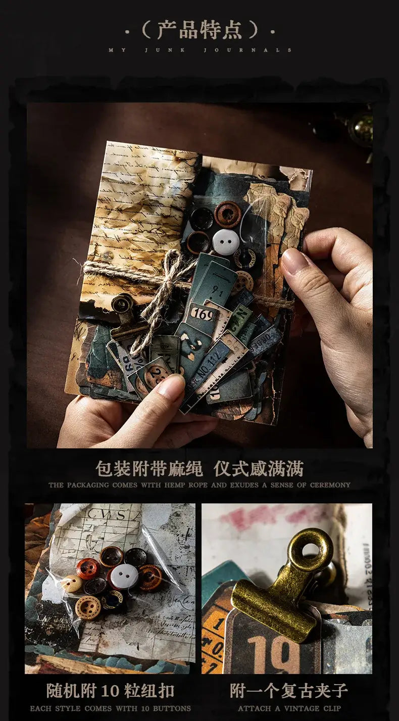 A vintage junk journal scrapbook supplies pack featuring a distressed collage-like cover with aged paper, buttons, and a metallic clip.