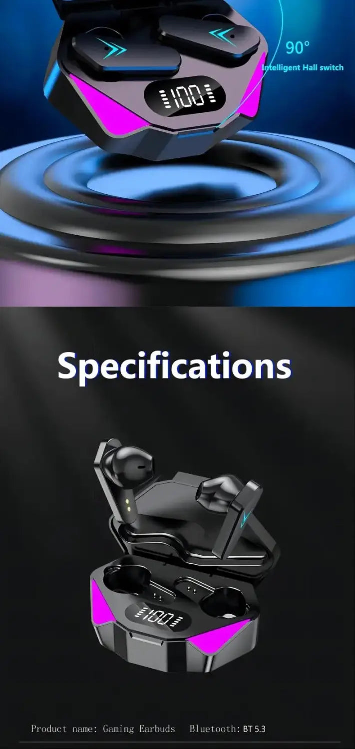 black and purple x15 wireless gaming earbuds with low latency feature in sleek angular in-ear style displayed in an open charging case for music listening