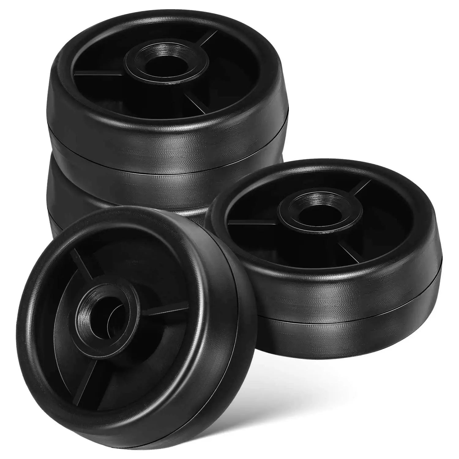 Roues de remplacement pour machine de salle de sport en plastique noir, lot de 4, avec surface extérieure nervurée et moyeu central fileté, présentées du côté arrière.