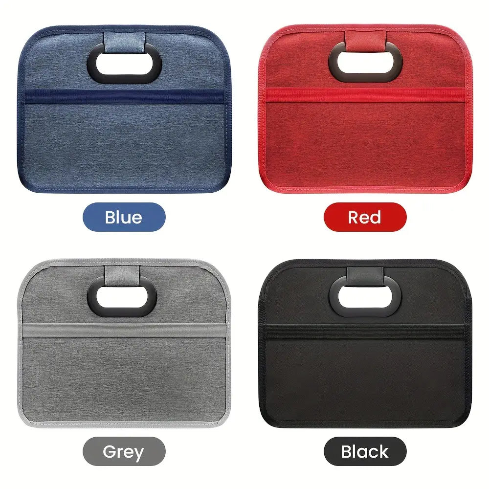 Bolsas organizadoras plegables rectangulares compactas para cajuela de automóvil de tela, en azul, rojo, gris y negro, con asas resistentes y ojales para facilitar el transporte y la durabilidad.