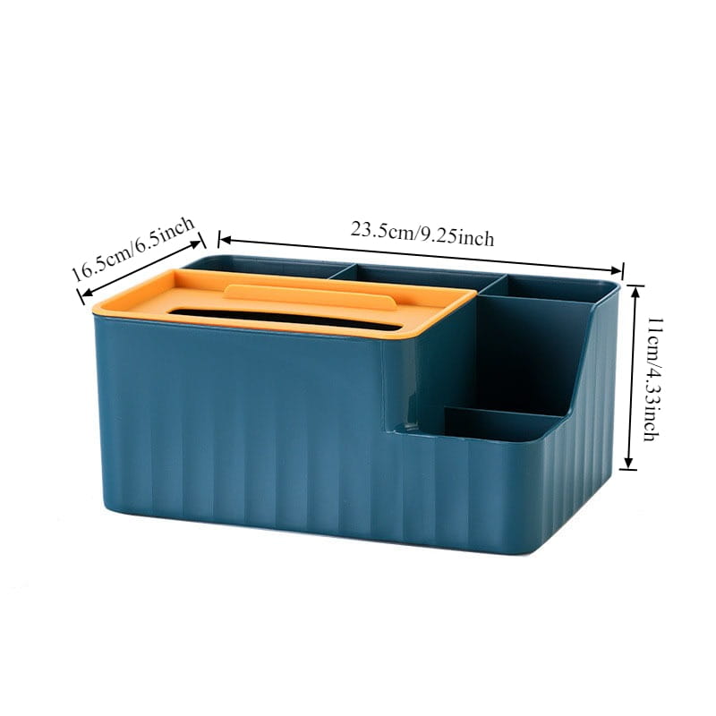 Multi compartment plastic desk organizer in blue and orange with ribbed sides for efficient storage.
