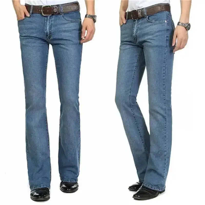 men black flare denim jeans slim fit trousers paired with blue denim jeans with straight-leg cut and brown leather belt