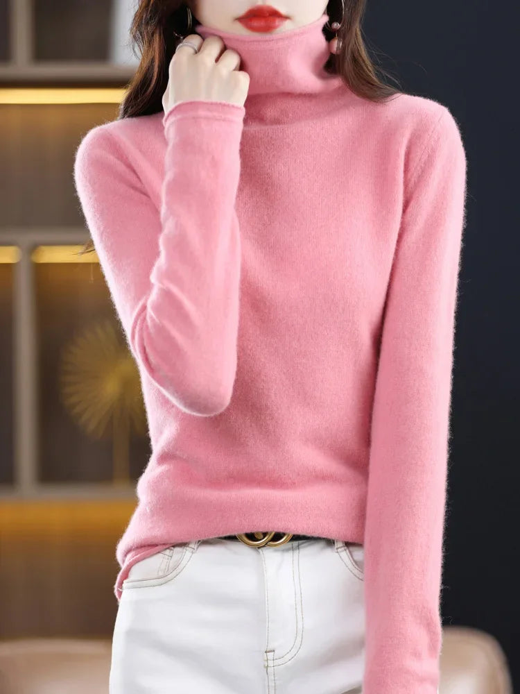 Women 100% Merino Wool Sweater Autumn Winter Fashion Pile Collar Pullover Cashmere Knitwear Casual Long-sleeved Bottoming Tops