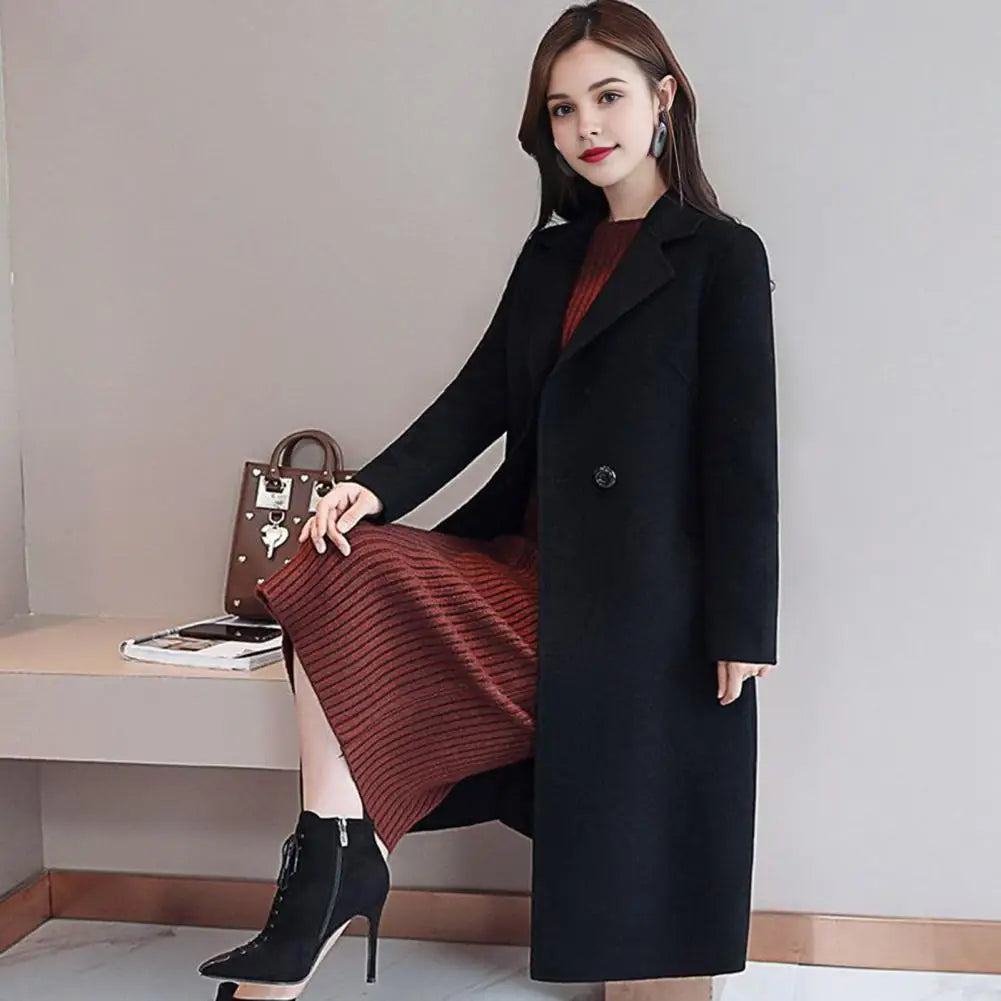 Women Wool Coat Women's Wool Peacoat Mid-long Overcoat Casual Notch Lapel Trench Coat Thick Single-breasted Fall Winter