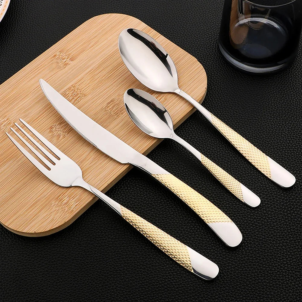 16PCS Dinnerware Stainless Steel - Black Cutlery Set, Mirror Polished, Dishwasher Safe, Includes Knives, Forks & Spoons