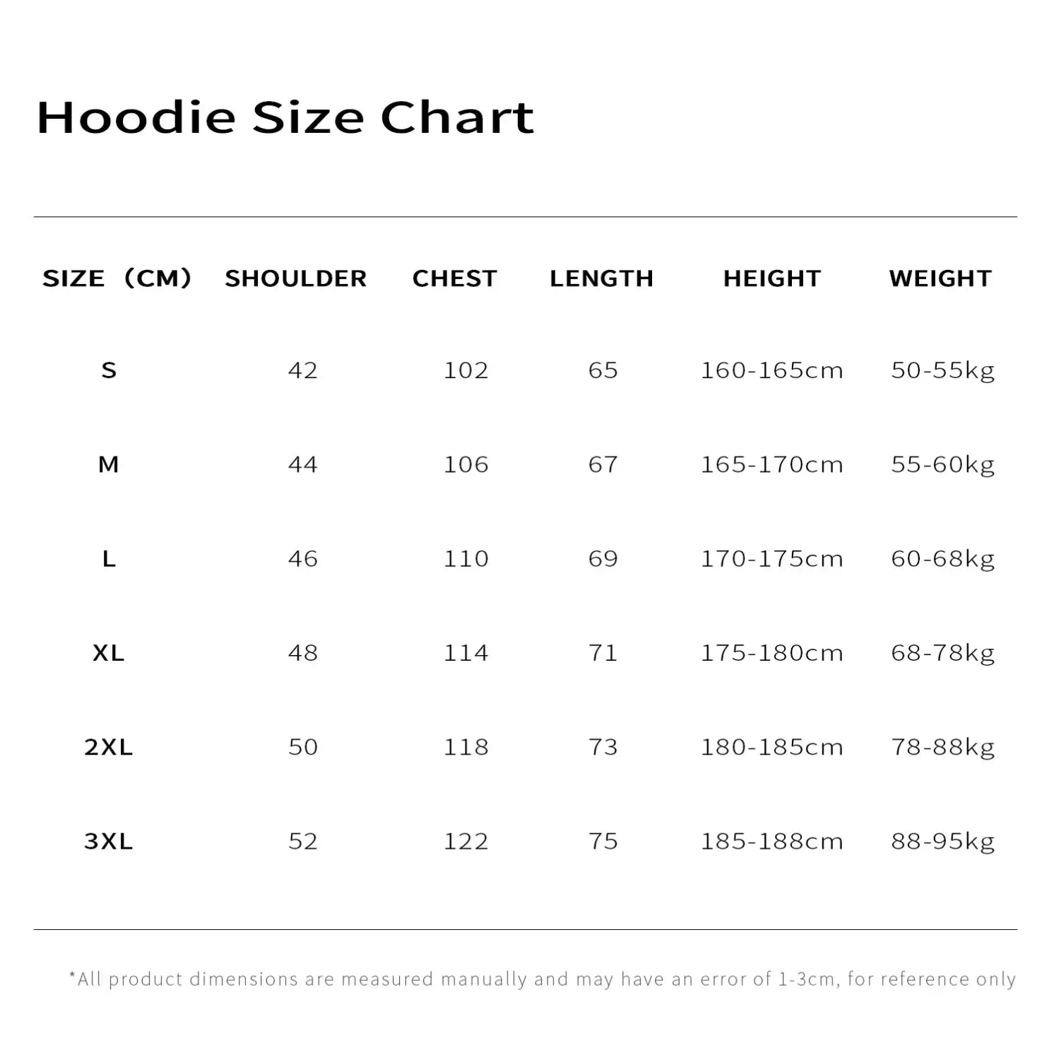 oversized v back graphic hoodie streetwear pullover size chart displaying measurements for sizes s through 3xl