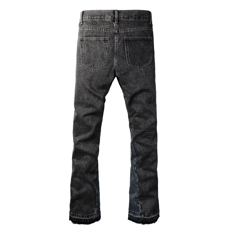 Men flare jeans in distressed dark gray denim featuring a straight-leg cut and frayed hems.