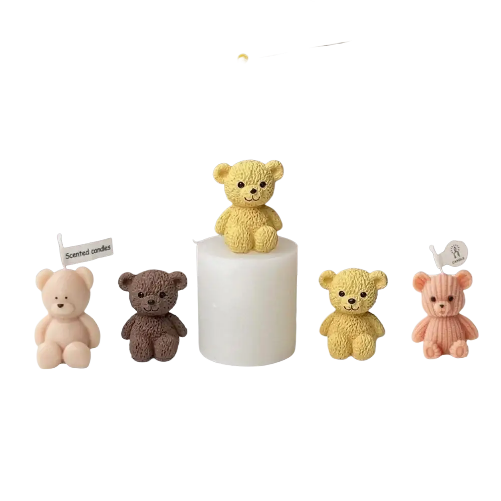 A white cylindrical candle topped with a textured yellow mini teddy bear figurine for bear candle making