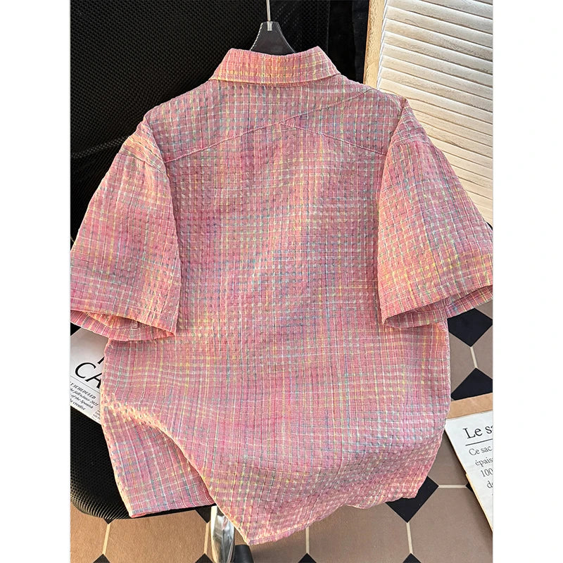Short Sleeve Shirt Men Japanese Retro Summer New Casual Loose Solid Plaid Coats Popular Versatile Seersucker Ice Silk Tops