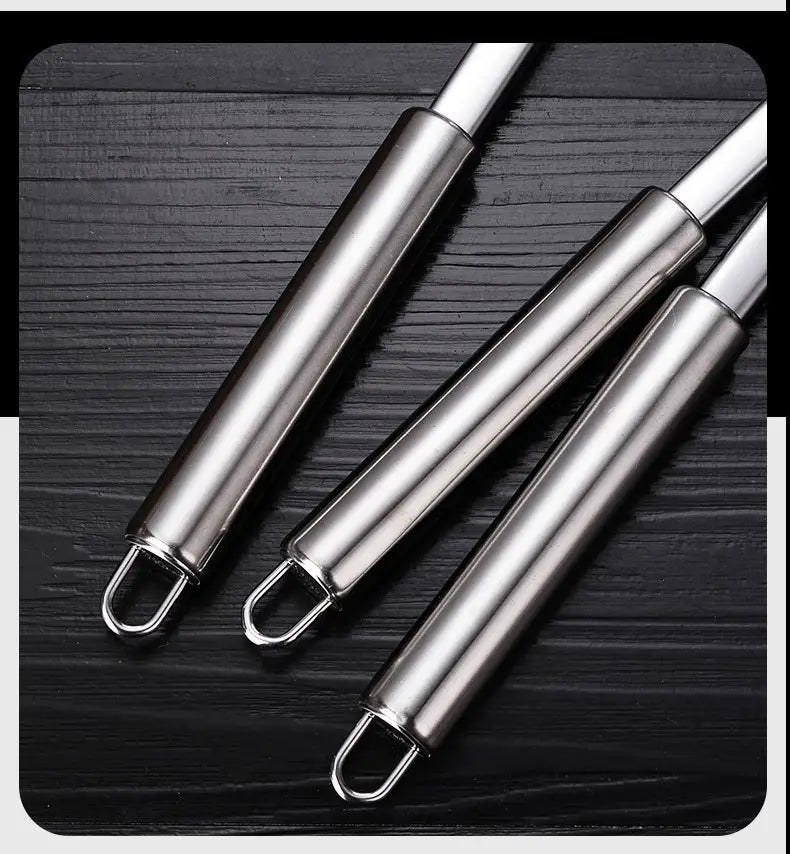 Three sleek stainless steel strainers with polished cylindrical handles and looped ends from a stainless steel kitchen utensil set 9-piece cooking tools.