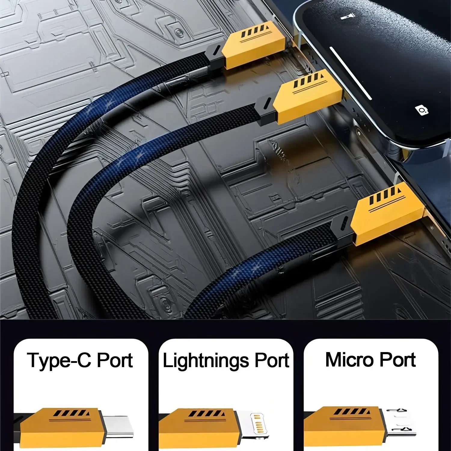câble de charge rapide 3-en-1 tressé noir 240 W de 1,2 m avec connecteurs Lightning et micro USB Type-C jaune vif et pour une compatibilité polyvalente des appareils