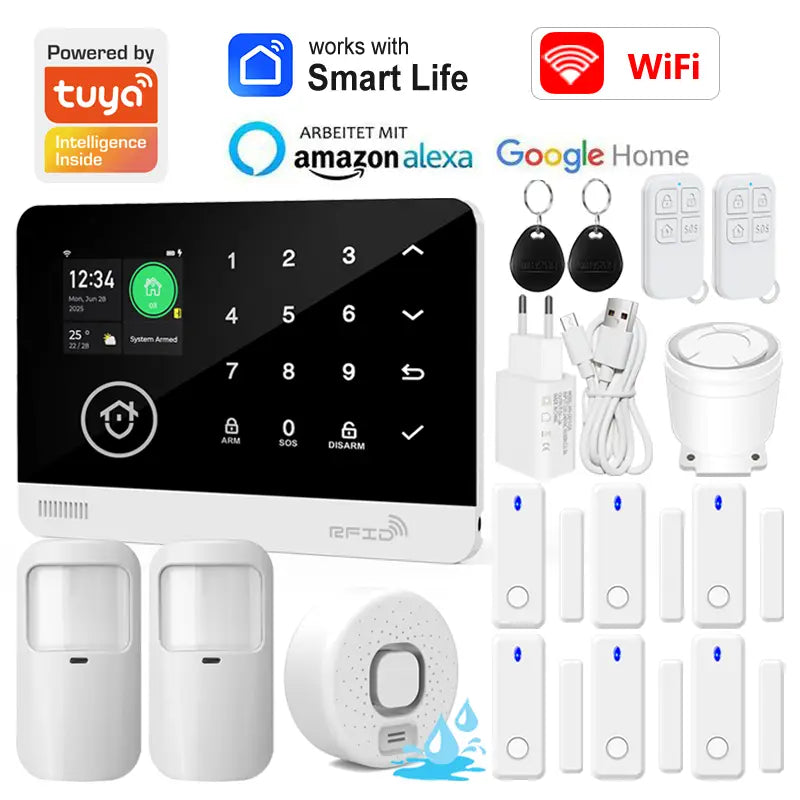 Panneau du système d’alarme de sécurité pour maison intelligente Tuya blanc avec écran tactile, clavier numérique et compatibilité avec l’application Smart Life, avec intégration Alexa et Google Home