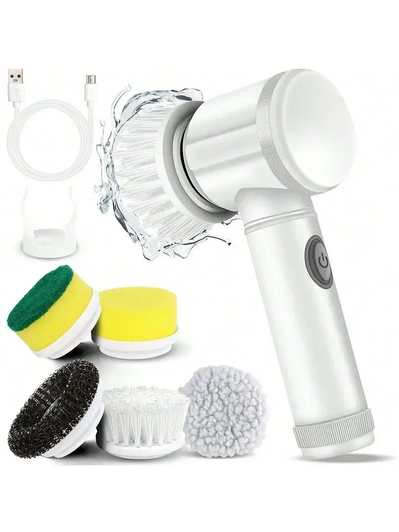 White cordless electric spin scrubber with interchangeable scrubbing attachments for efficient electric cleaning.