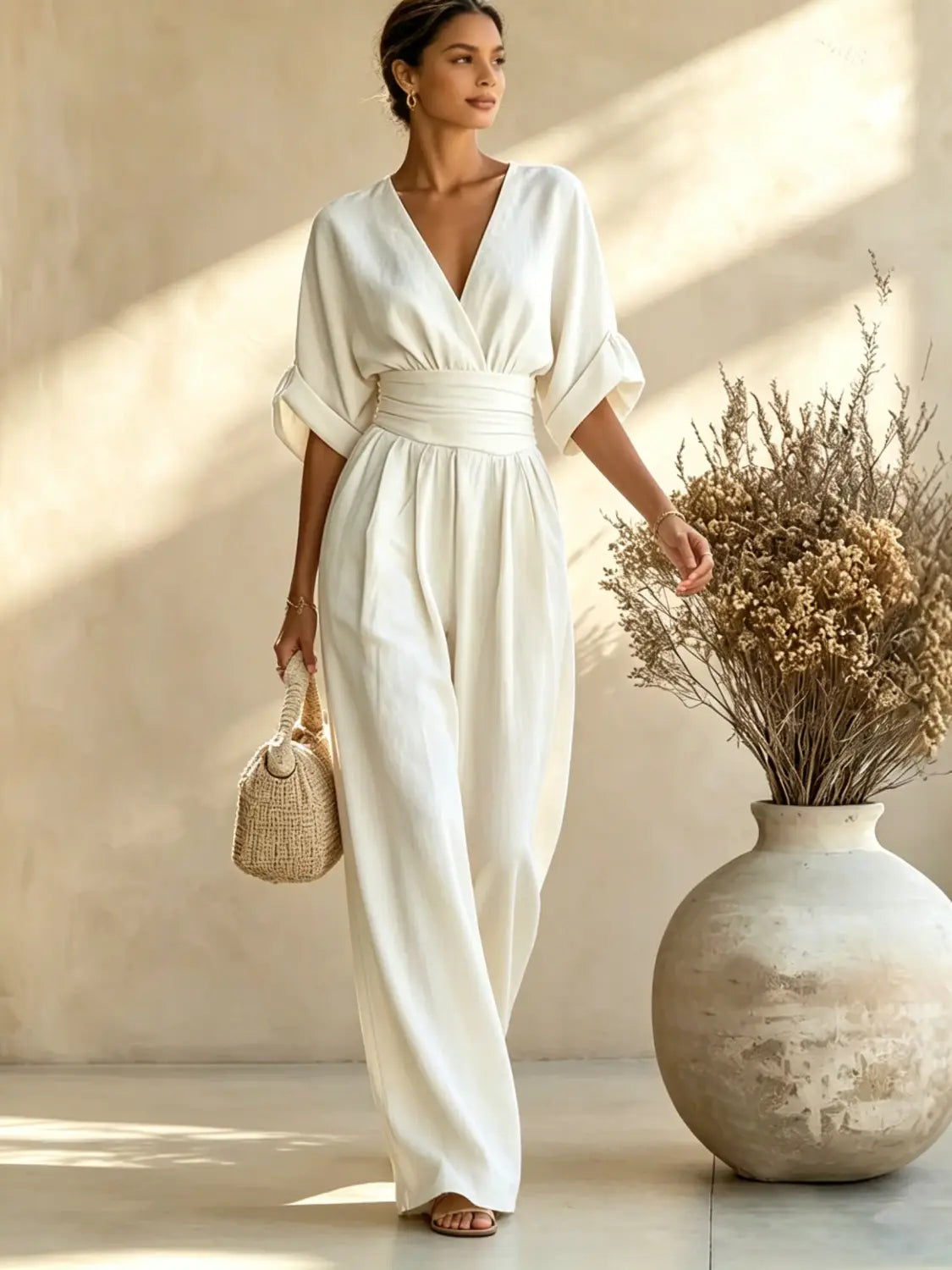 Elegant off-white V-neck wide-leg jumpsuit with a cinched waist and soft draped fabric.