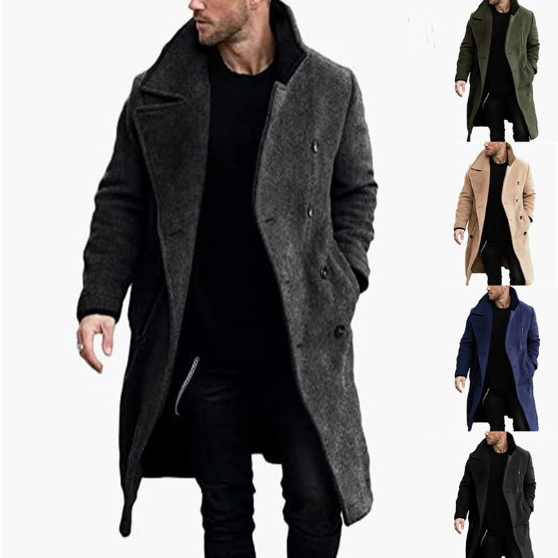 abrigo de invierno de doble botonadura para hombre en mezcla de lana gris, con diseño clásico de doble botonadura y solapas tipo sastre.