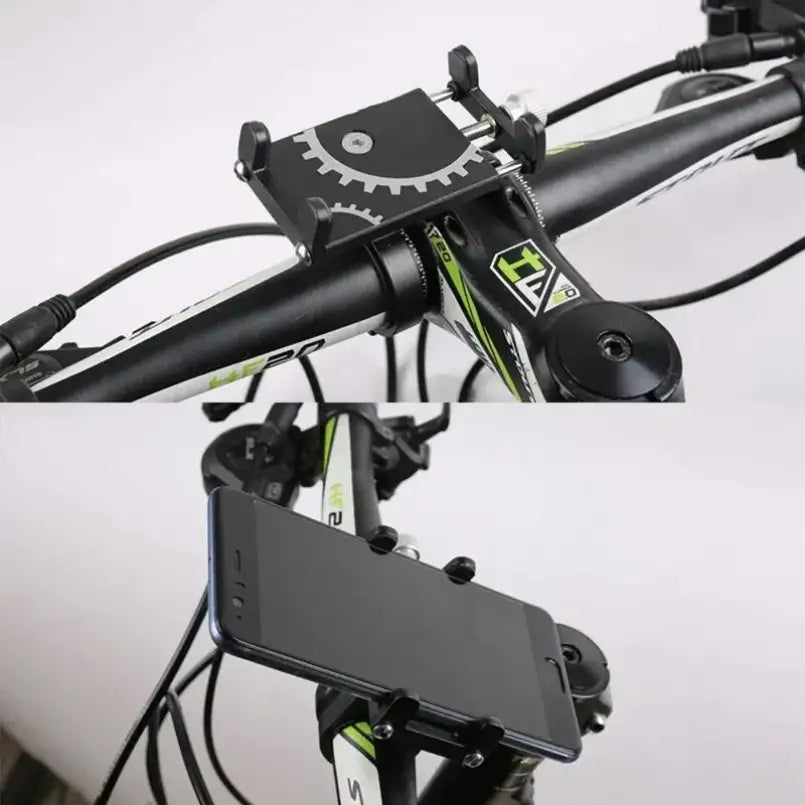 Soporte para teléfono para bicicleta de metal con soporte negro para teléfono en el manillar, diseño de engranajes plateado y abrazaderas ajustables.