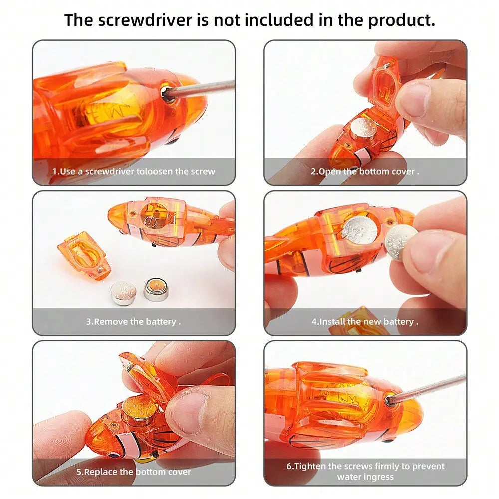 transparent orange plastic fish-shaped interactive robotic fish cat toys showing internal circuitry and a small screwdriver slot