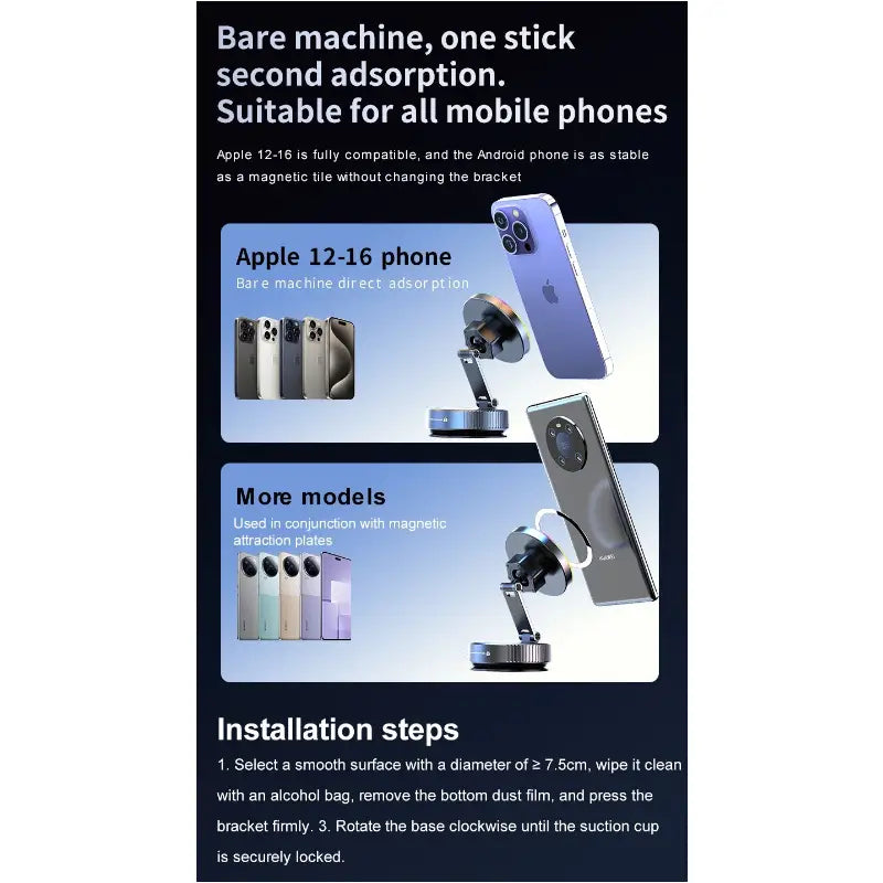 Silver magnetic wireless car charger and phone mount with a suction cup base and adjustable arm for holding smartphones