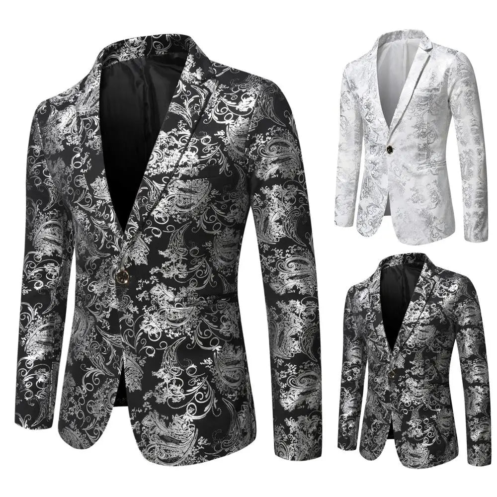 Einreihiges Slim-Fit-Sakko mit schwarzem und silbernem Paisley-Muster, mit einer eleganten, maßgeschneiderten Passform für elegantes Freizeit-Outfit