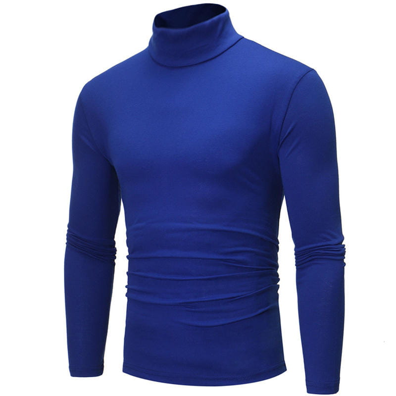 Ein kräftiges königsblaues Herren-Thermo-Rollkragenpullover Slim Fit Langarmshirt mit figurbetontem Design und dezentem Raffiendetail im Taillenbereich.