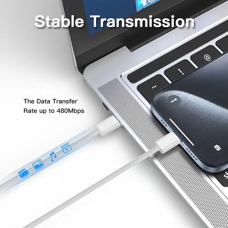 weißes geflochtenes USB‑C-auf-USB‑A-Schnellladekabel mit 2 m, mit blauen Icon-Grafiken entlang der Länge, ausgelegt für eine 240‑W-Leistungsübertragung