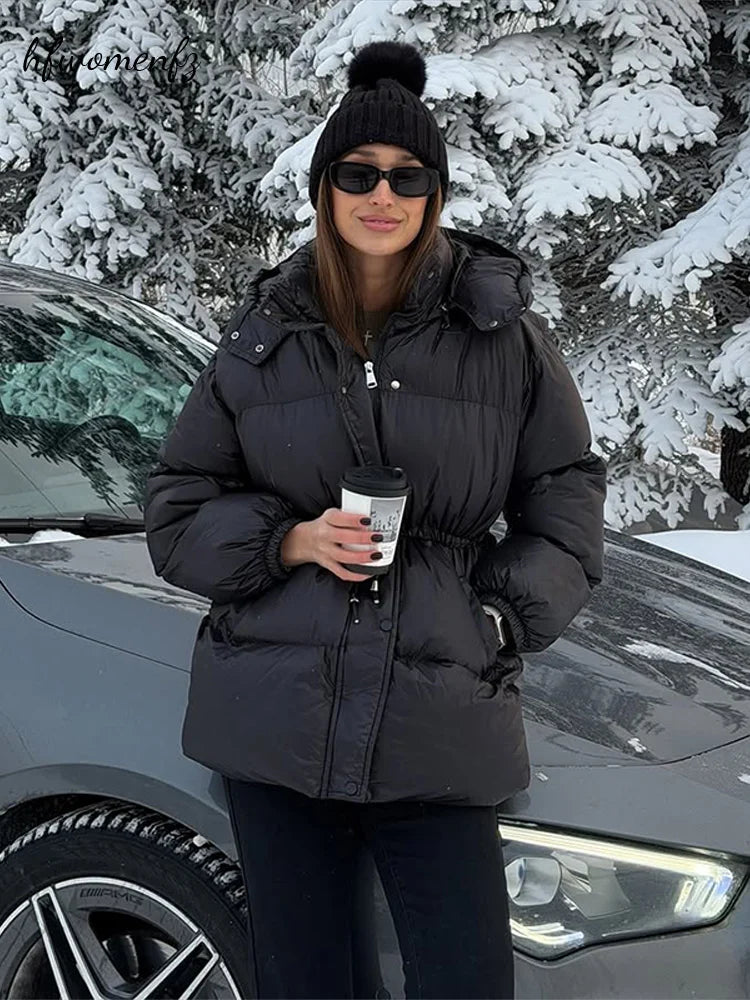Women's Hooded Winter Jacket Drawstring Waist Cinched Long Sleeve Zip Up Solid Warm Padded Coat 2026 Fashion Lady Thick Parkas