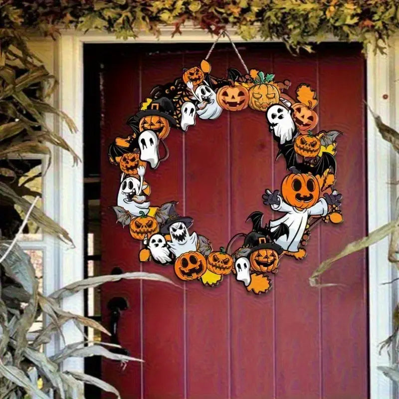 Une enseigne festive en bois pour citrouille d’Halloween et fantôme, suspendue, présentant une couronne colorée avec des citrouilles orange, des fantômes blancs et des sorcières à capuchons noirs, réalisées à partir d’éléments découpés.