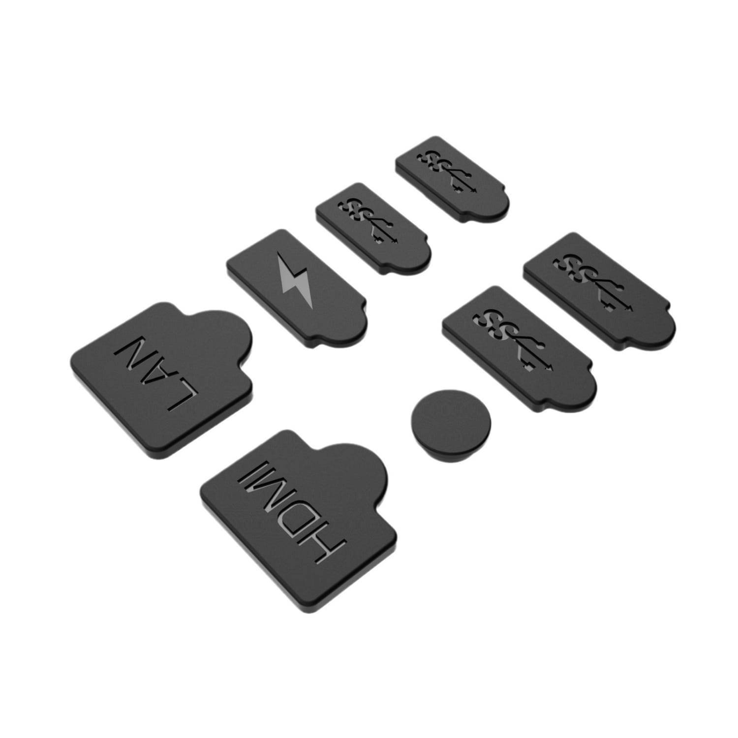 Set aus schwarzen Silikon-Staubschutzstopfen für PS5 Pro und Slim mit eingravierten Kennzeichnungen für HDMI-, LAN- und USB-Anschlüsse.