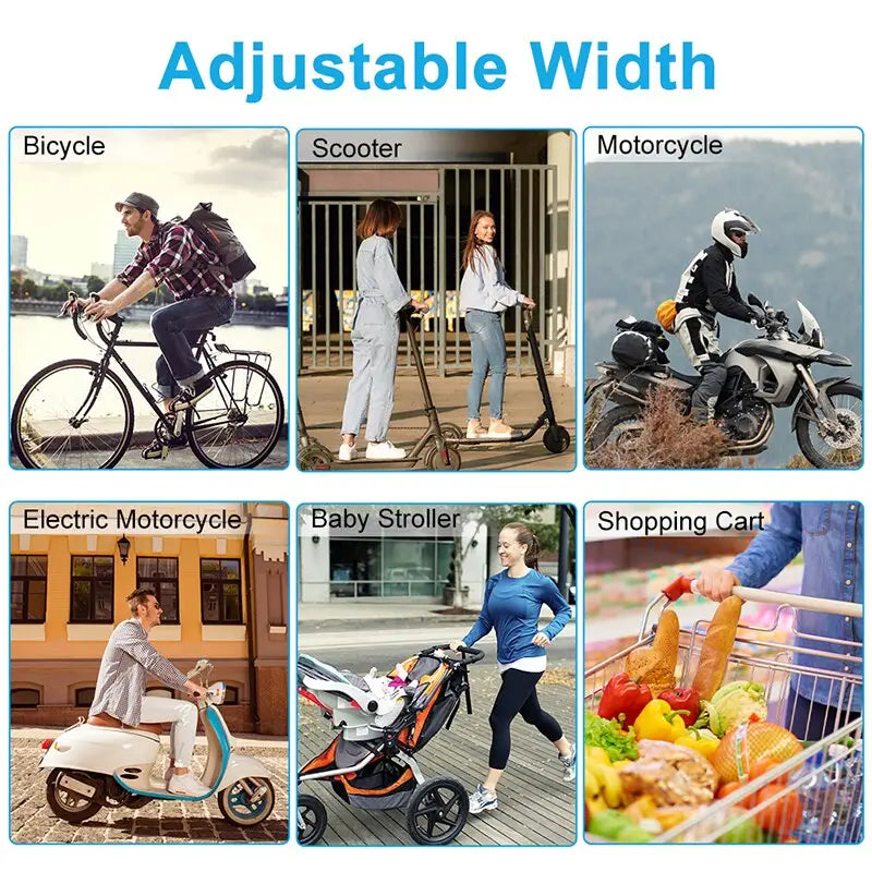 The image shows a collage featuring a black bike phone holder with 360 rotation handlebar mount compatible with bicycles, scooters, motorcycles, electric motorbikes, baby strollers, and shopping carts.